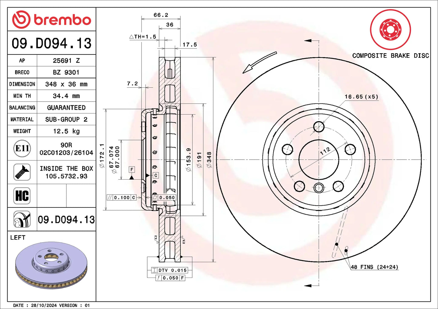 Brembo Prime Vented Composite Brake Rotor - Single - 09.D094.13