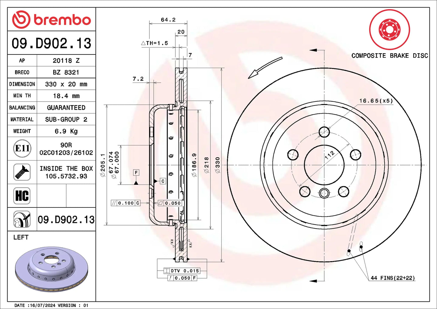 Brembo Prime Vented Composite Rear Brake Rotor - Single - 09.D902.13